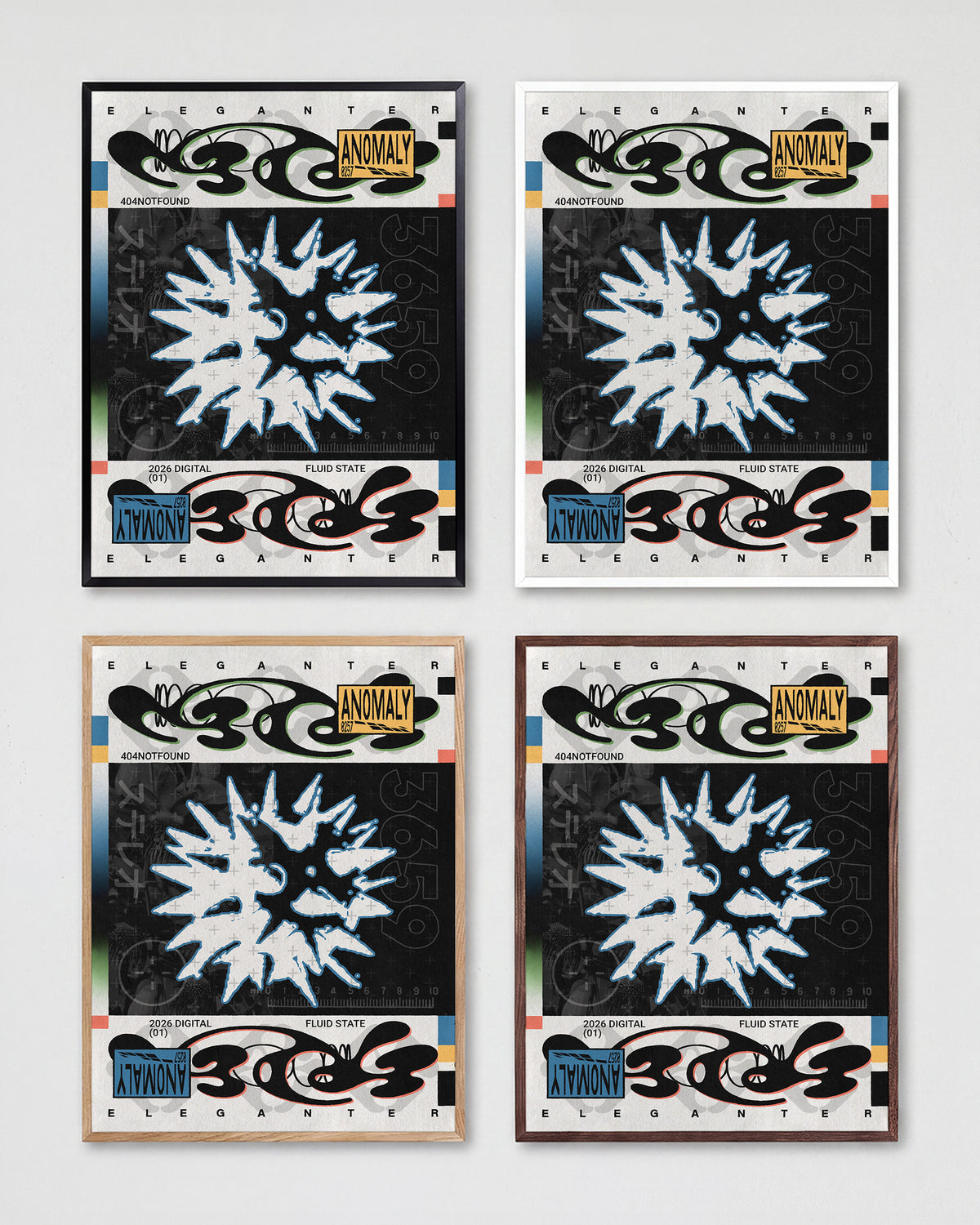 Anomaly abstract geometric typography print shown in all frame colours