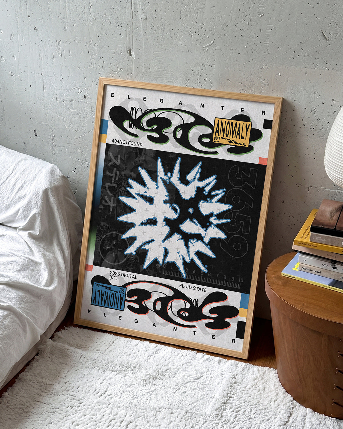 Anomaly abstract geometric typography print in an oak frame on a wall