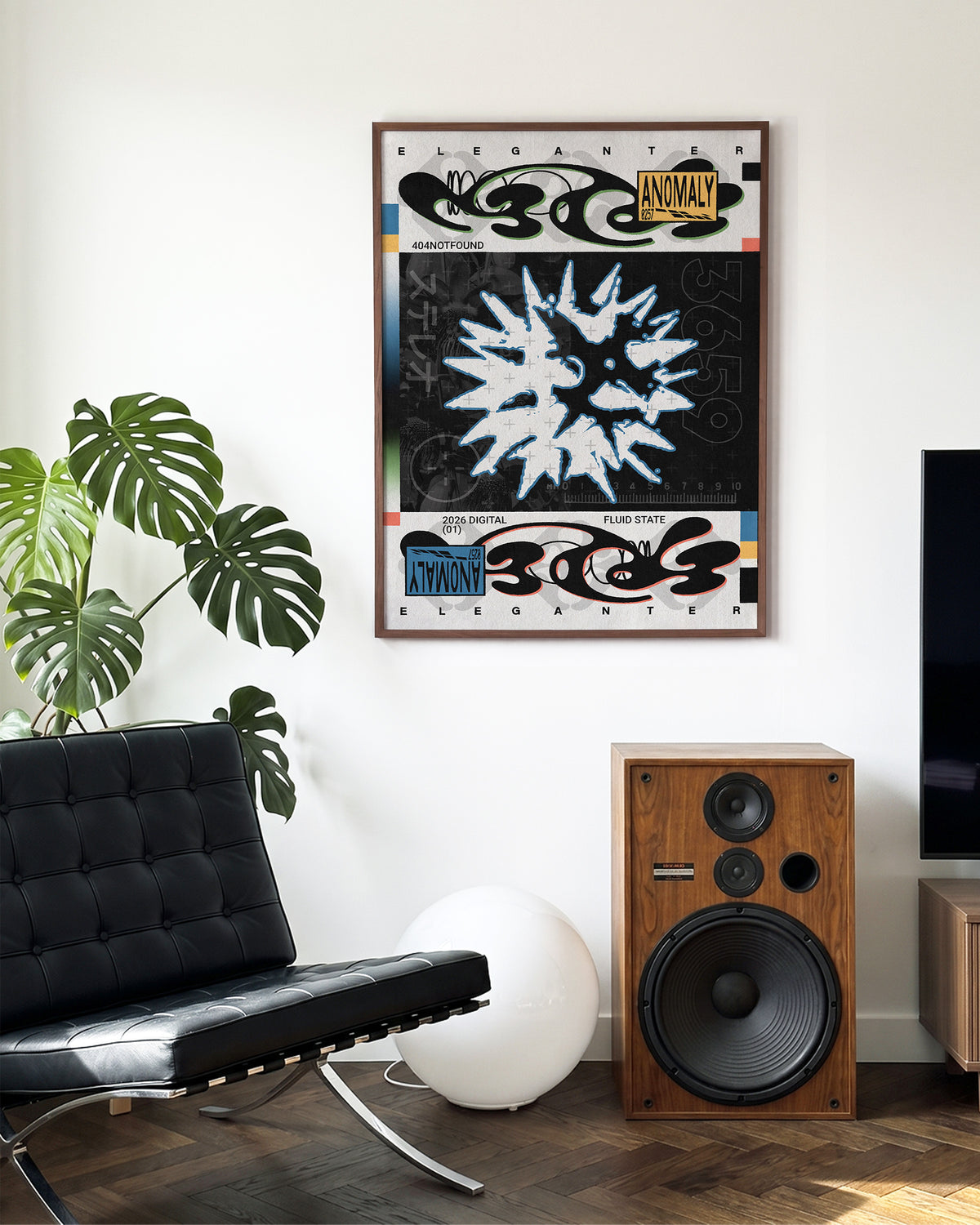 Anomaly abstract geometric typography print in a walnut frame on a wall