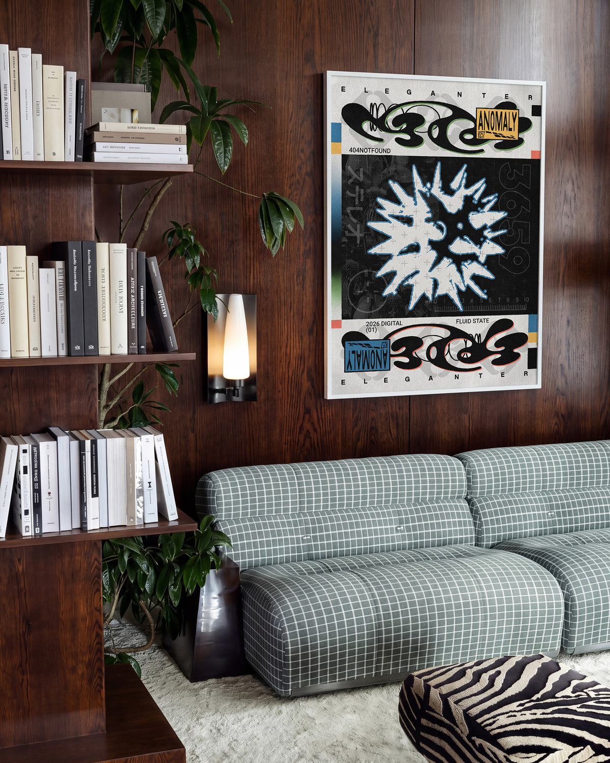 Anomaly abstract geometric typography print in a white frame on a wall