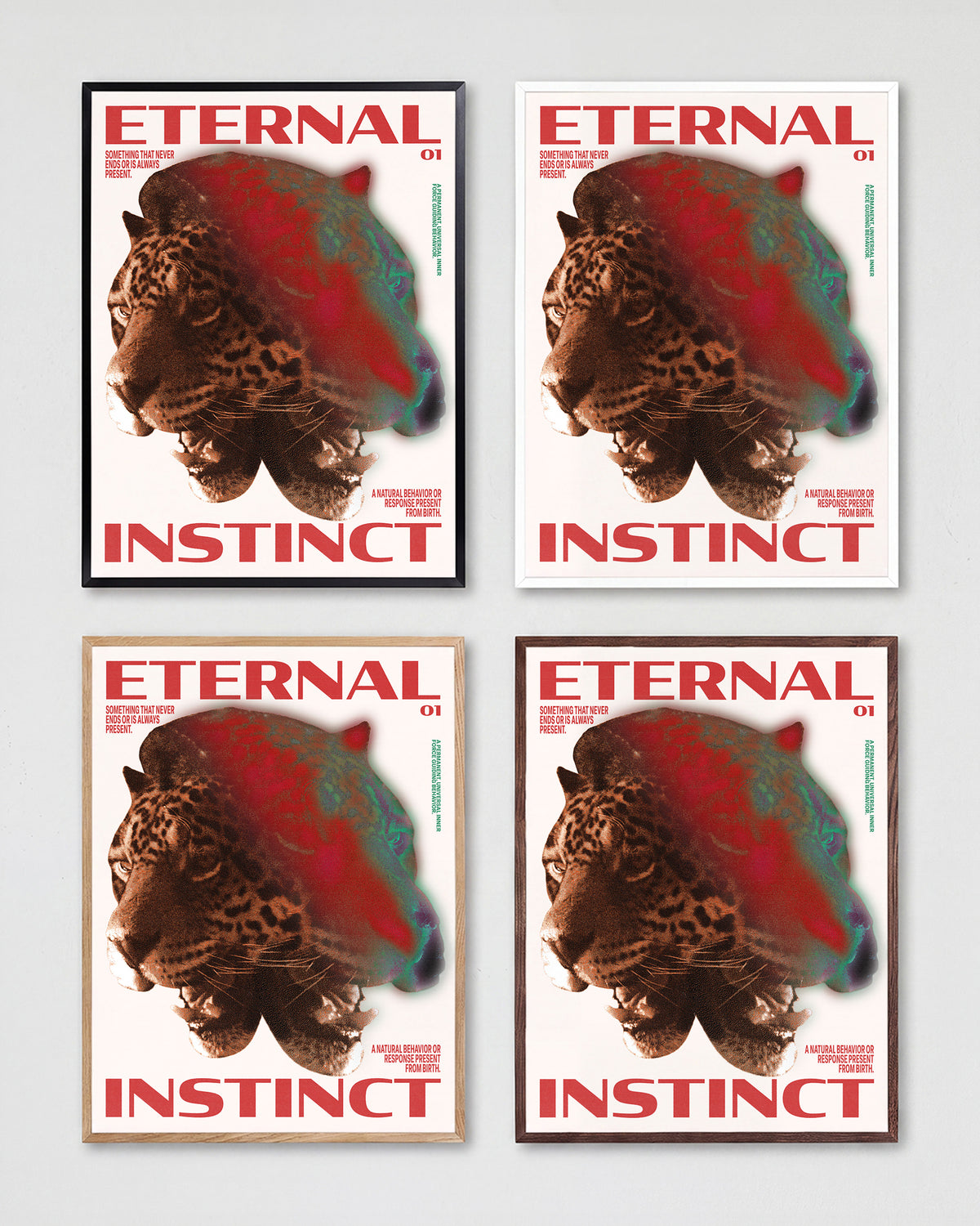 Eternal Instinct 01 graphic animal art print shown in all frame colours