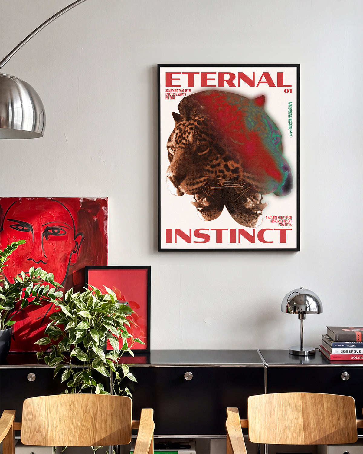 Eternal Instinct 01 graphic animal art print in a black frame on a wall
