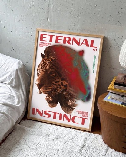 Eternal Instinct 01 graphic animal art print in an oak frame on a wall