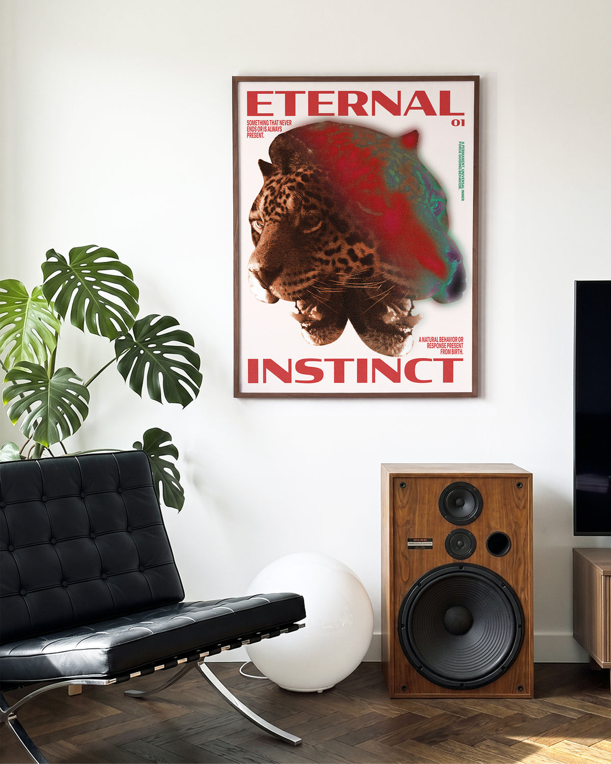 Eternal Instinct 01 graphic animal art print in a walnut frame on a wall