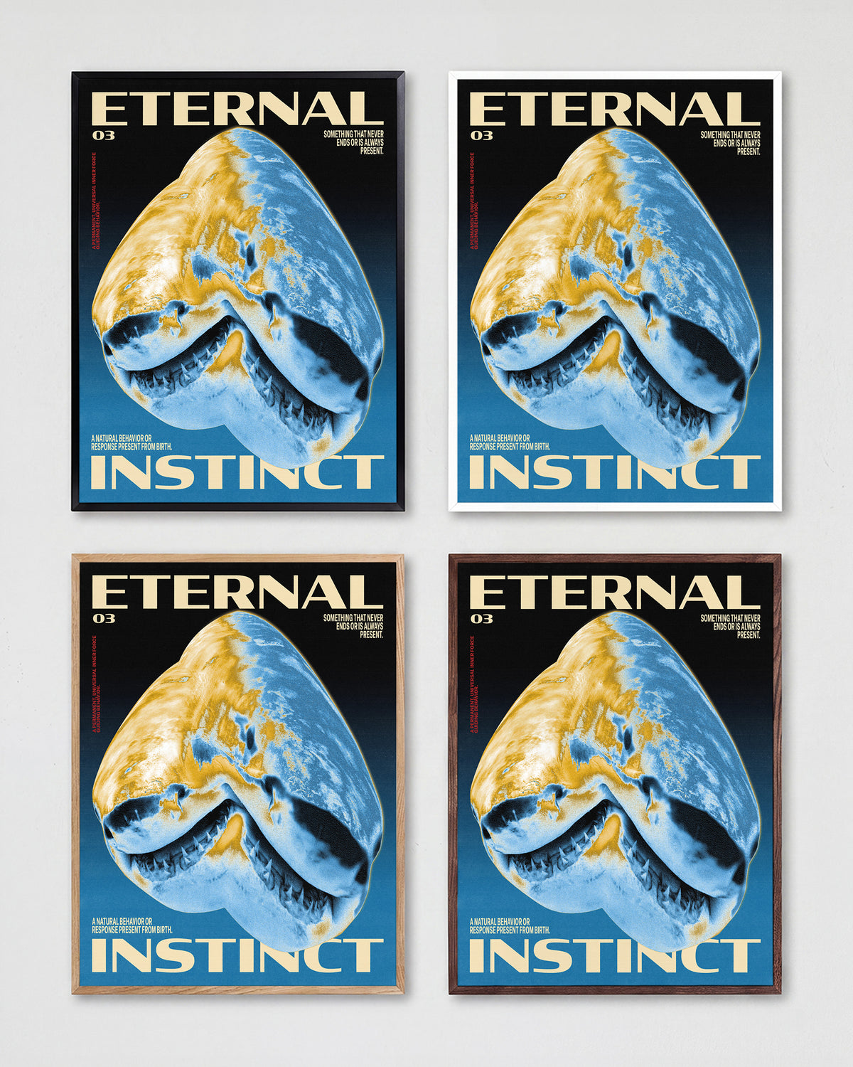 Eternal Instinct 03 graphic animal art print shown in all frame colours