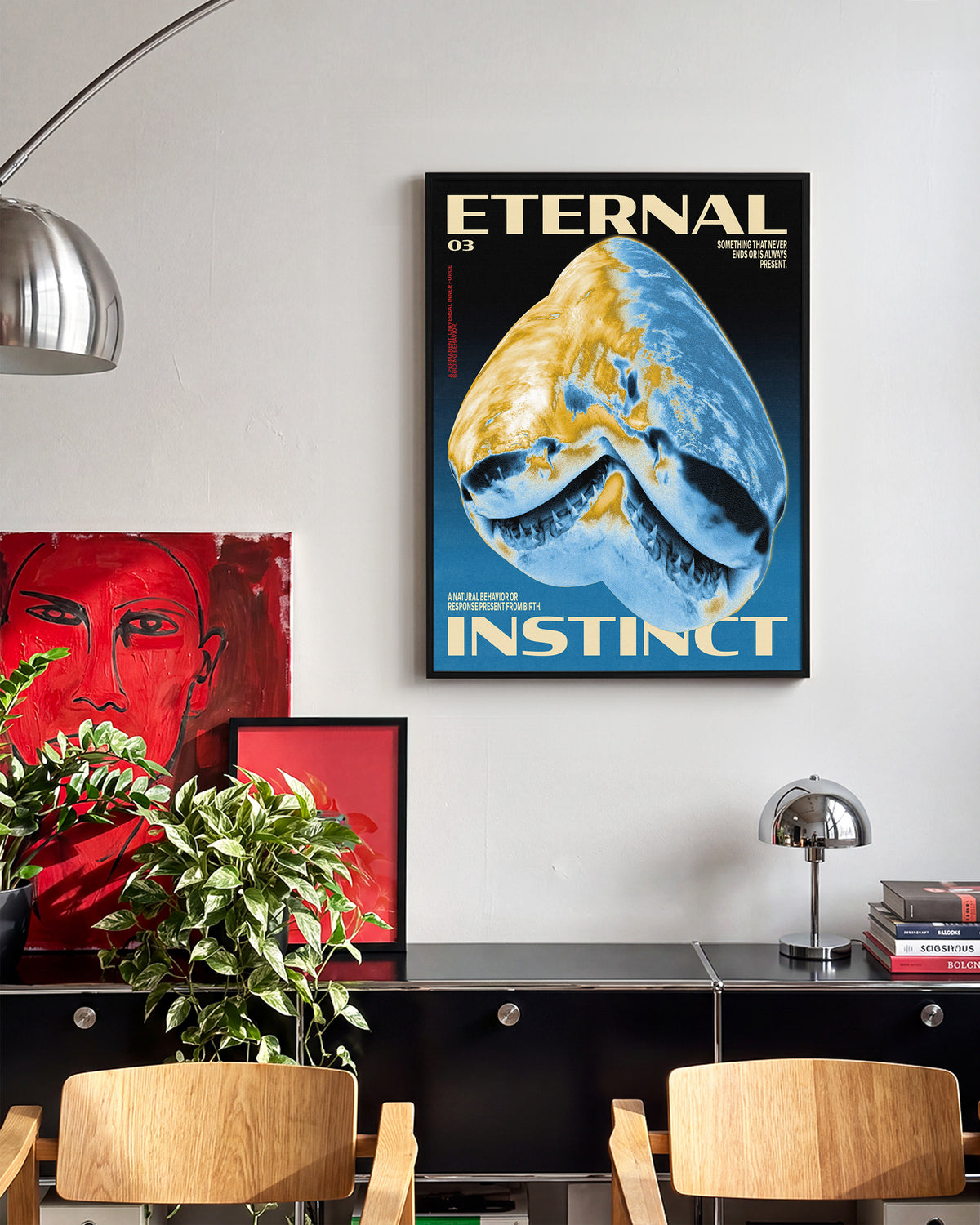 Eternal Instinct 03 graphic animal art print in a black frame on a wall