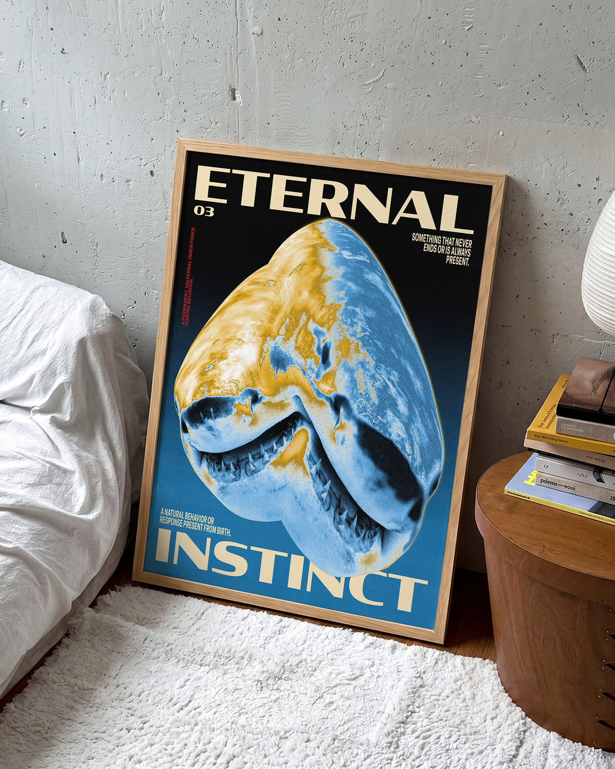 Eternal Instinct 03 graphic animal art print in an oak frame on a wall