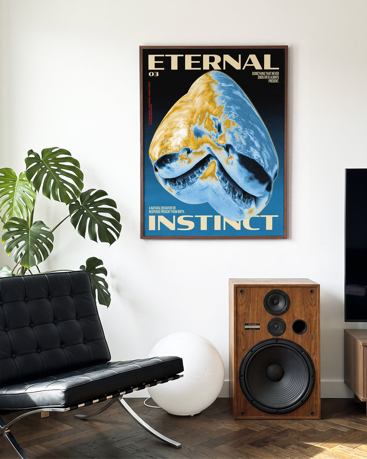 Eternal Instinct 03 graphic animal art print in a walnut frame on a wall