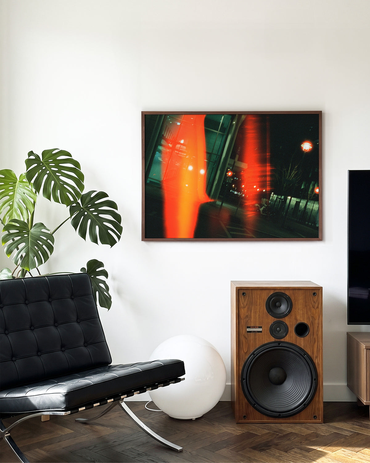 Ember moody night photography print in a walnut frame on a wall