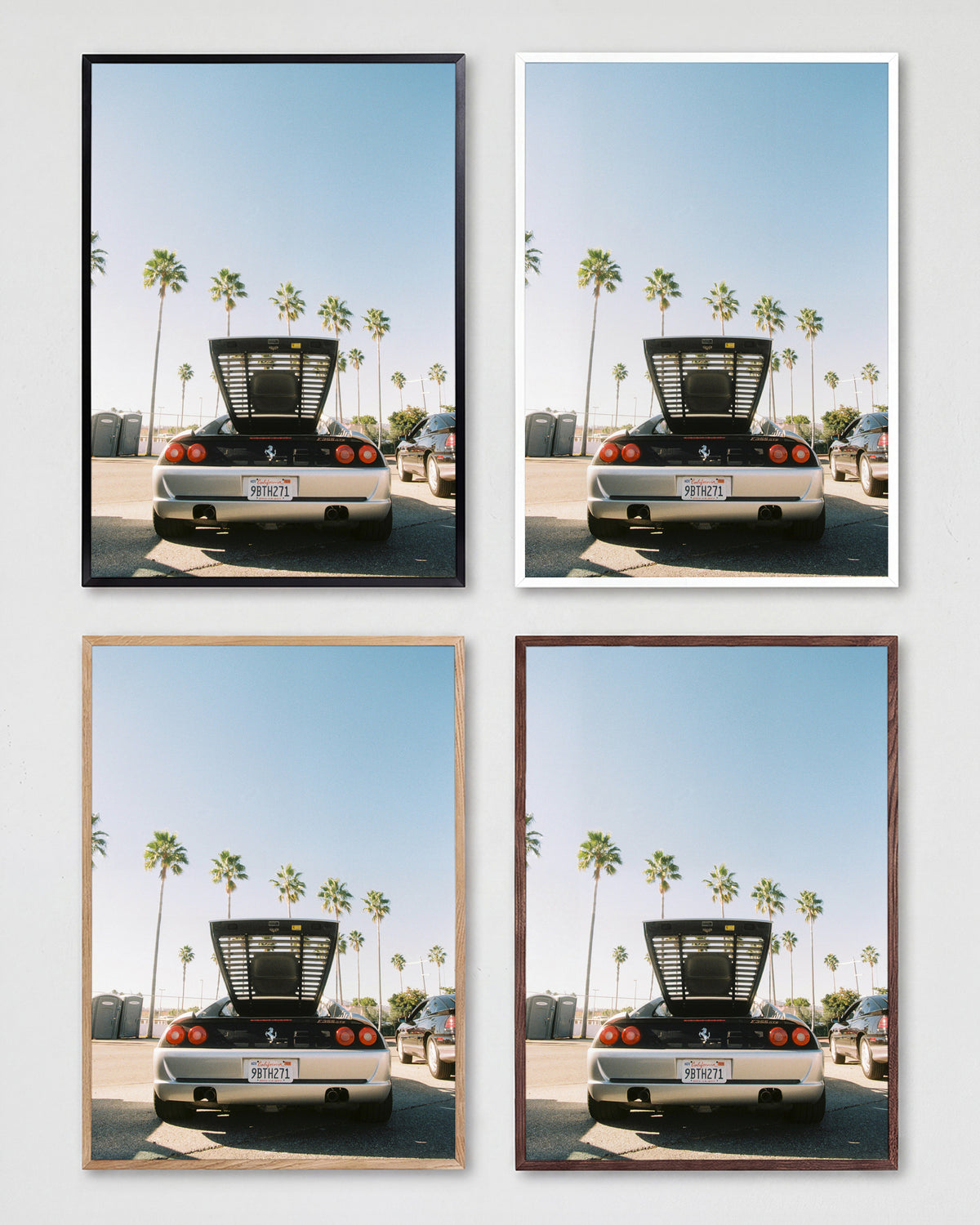 Ferrari LA Los Angeles car photography print shown in all frame colours