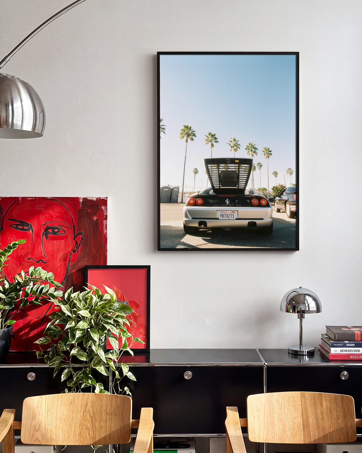 Ferrari LA Los Angeles car photography print in a black frame on a wall
