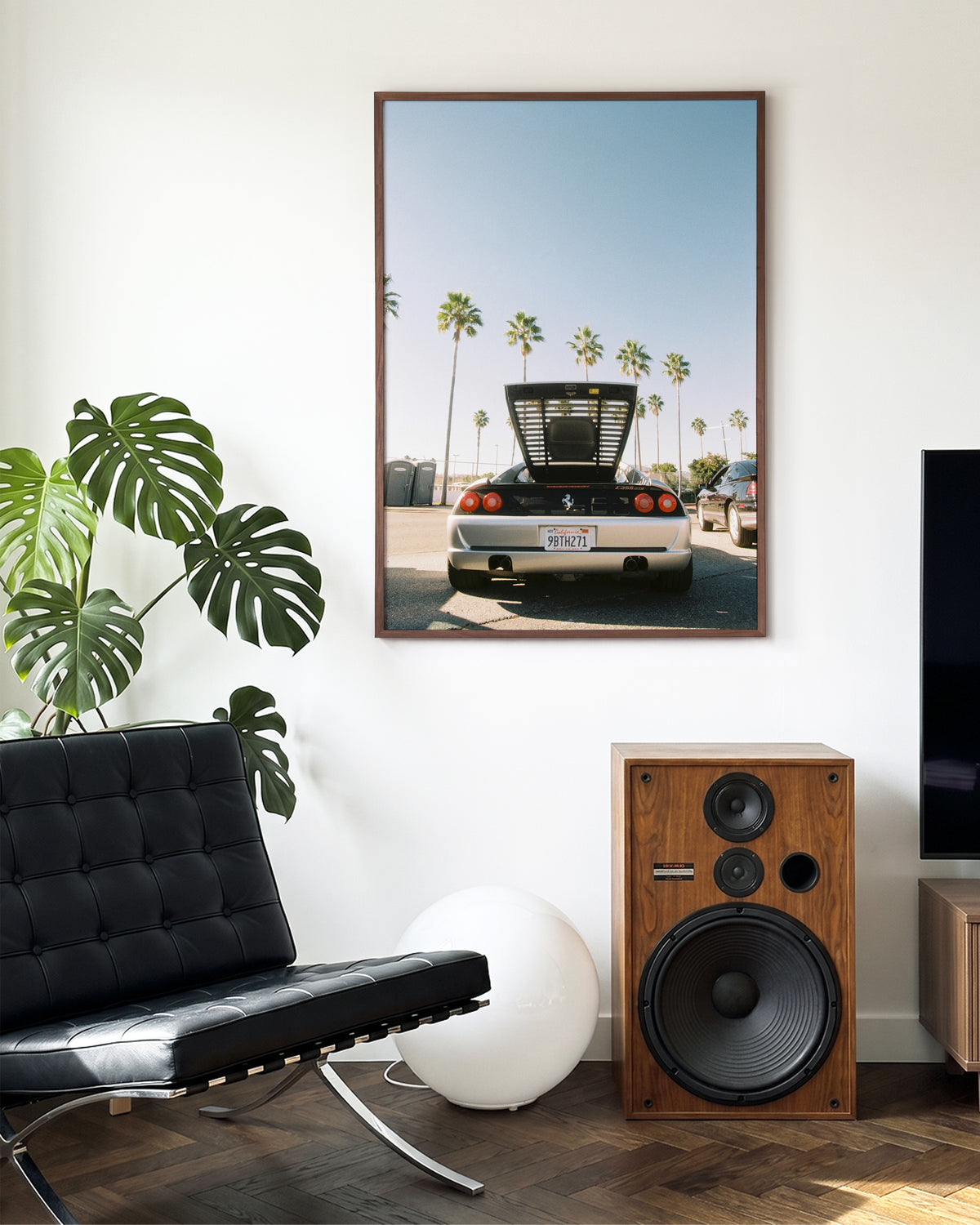Ferrari LA Los Angeles car photography print in a walnut frame on a wall