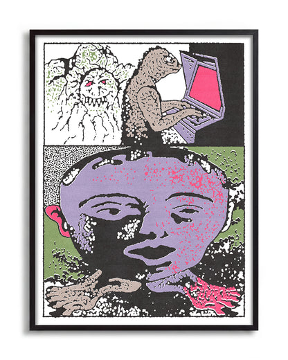 Lizard tech abstract lizard illustration print in a black frame