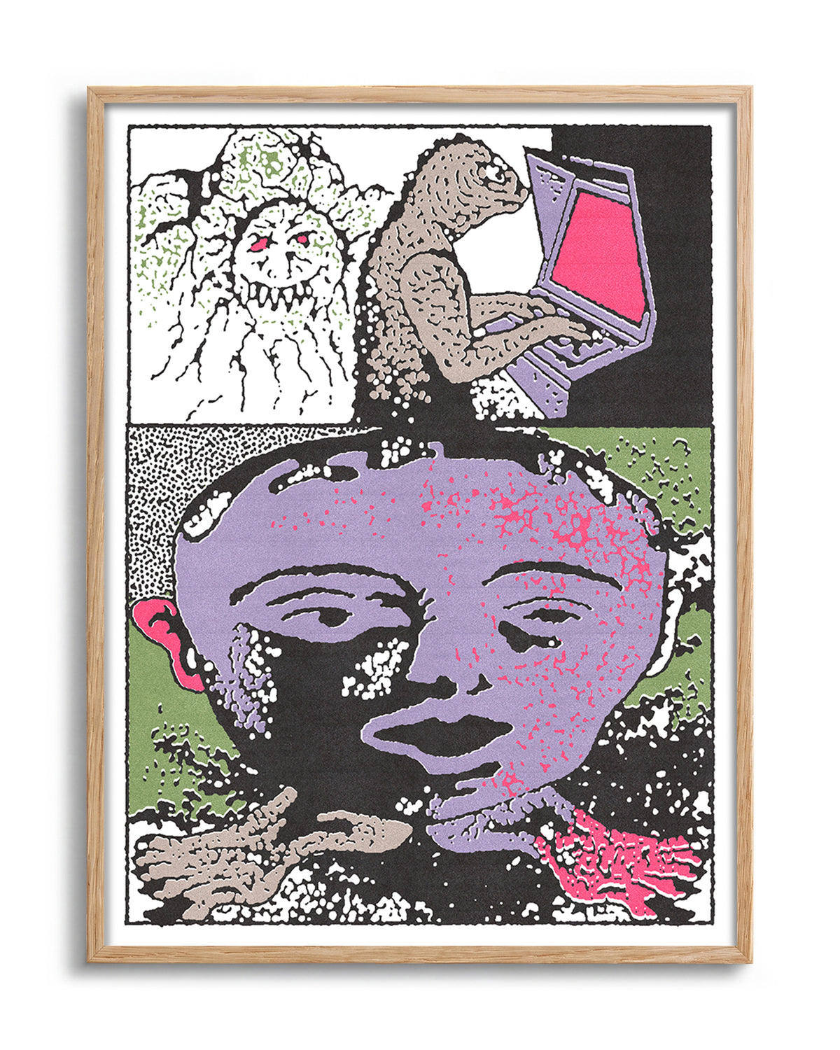 Lizard tech abstract lizard illustration print in an oak frame