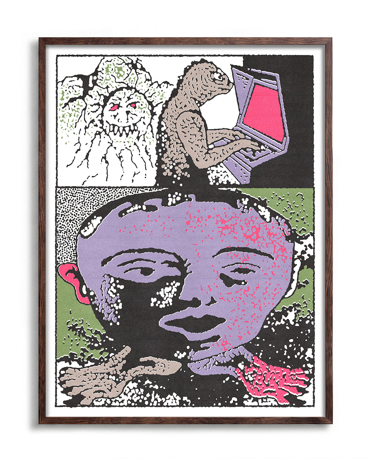 Lizard tech abstract lizard illustration print in a walnut frame