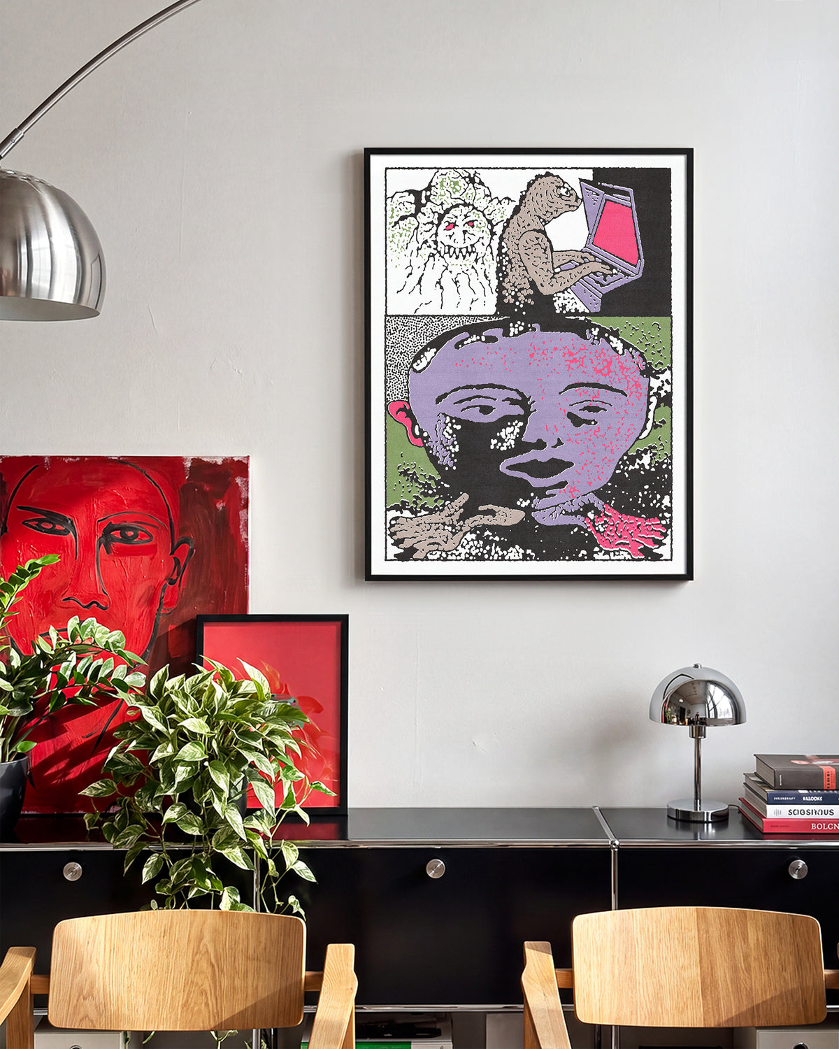 Lizard tech abstract lizard illustration print in a black frame on a wall