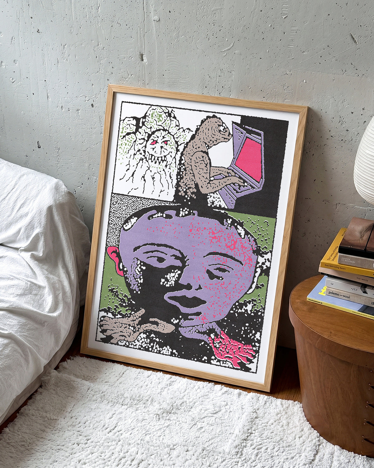 Lizard tech abstract lizard illustration print in an oak frame on a wall