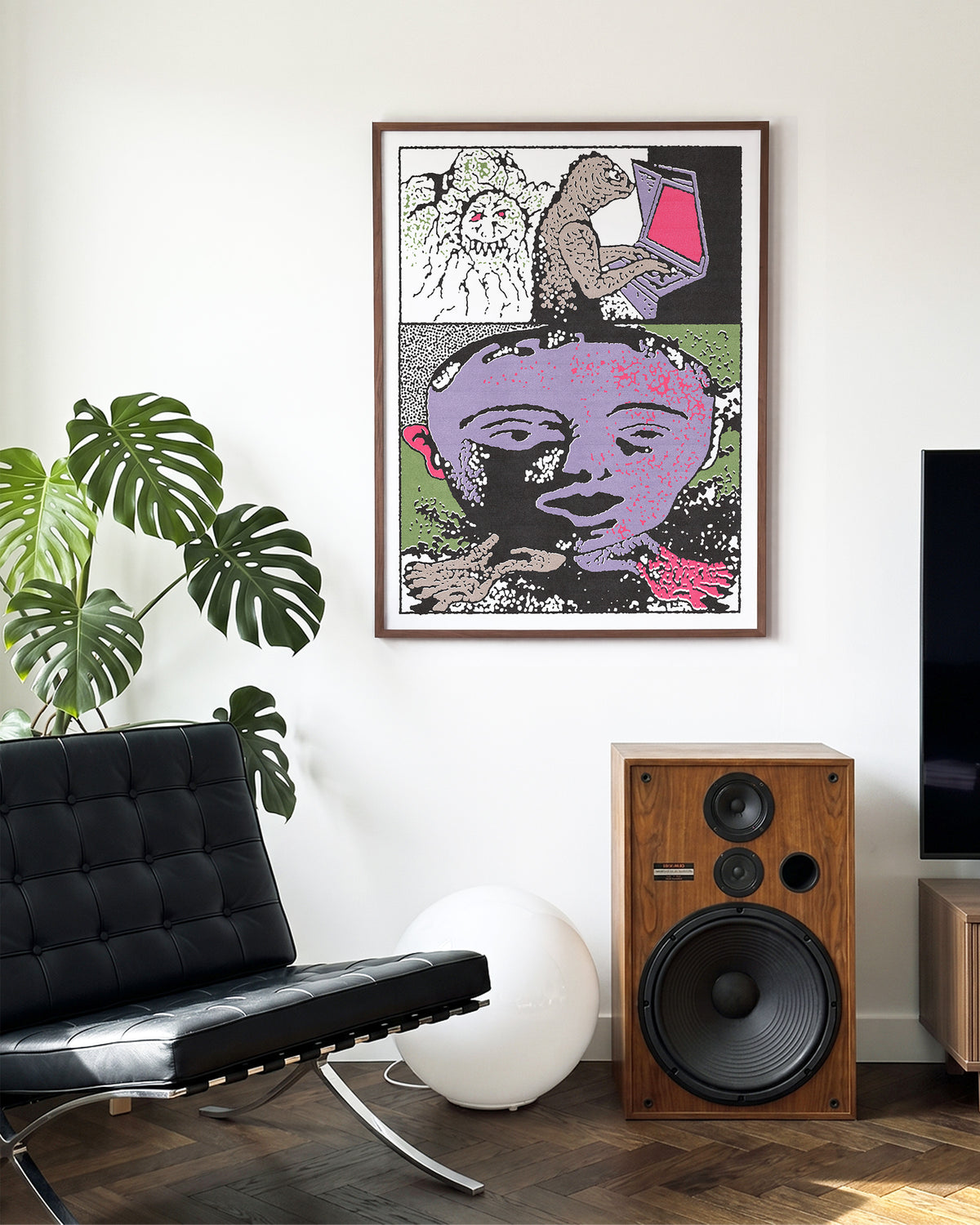 Lizard tech abstract lizard illustration print in a walnut frame on a wall