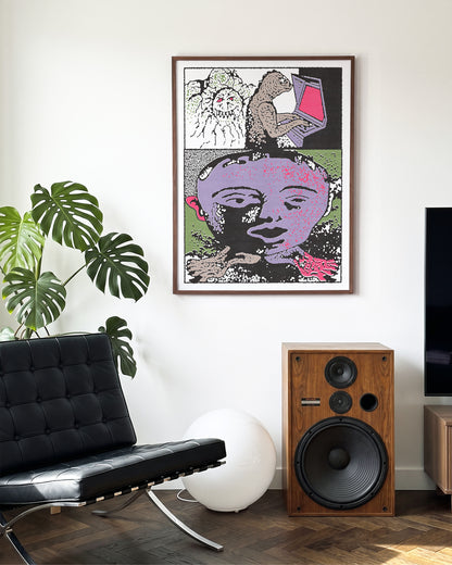 Lizard tech abstract lizard illustration print in a walnut frame on a wall