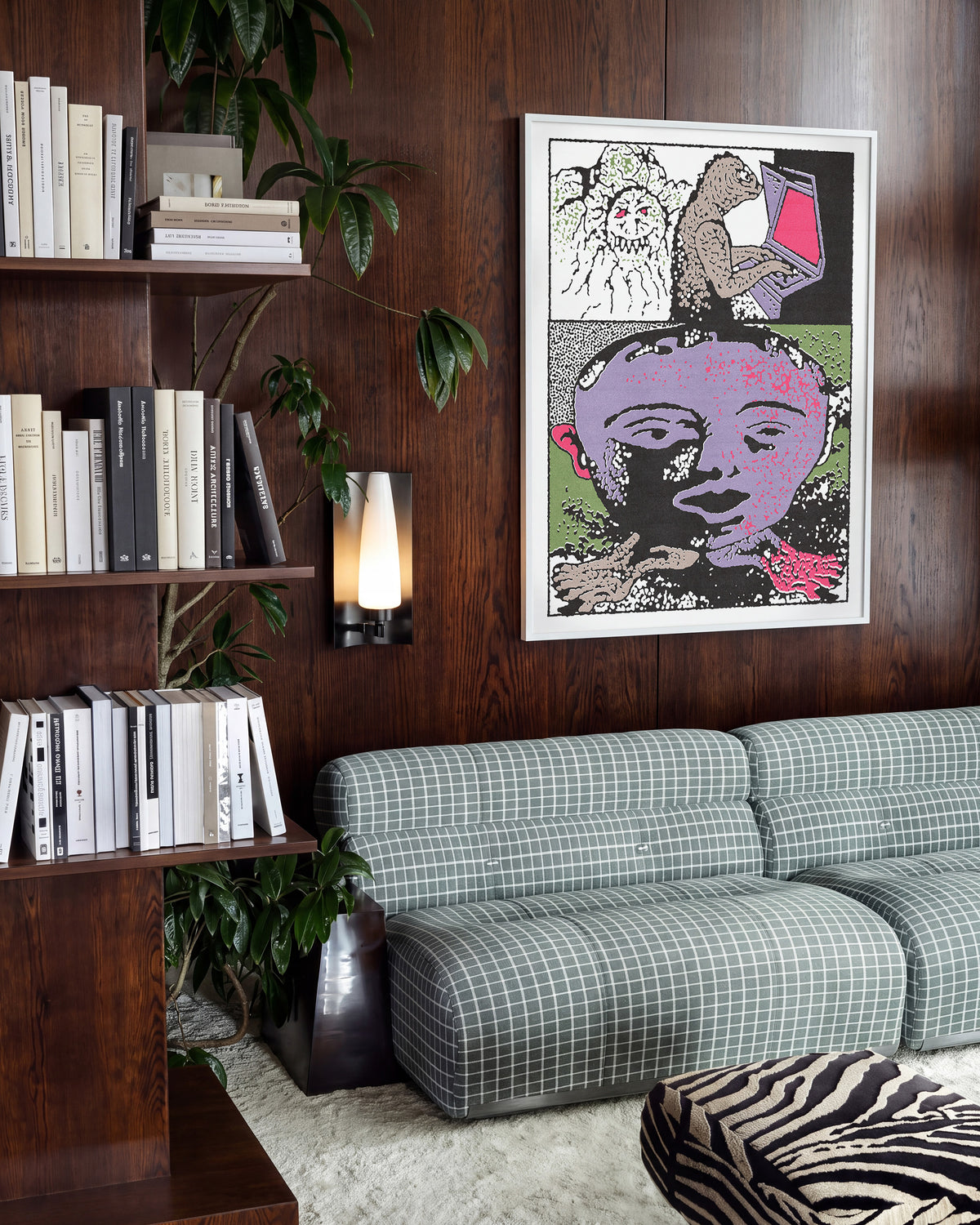 Lizard tech abstract lizard illustration print in a white frame on a wall