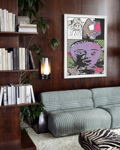 Lizard tech abstract lizard illustration print in a white frame on a wall