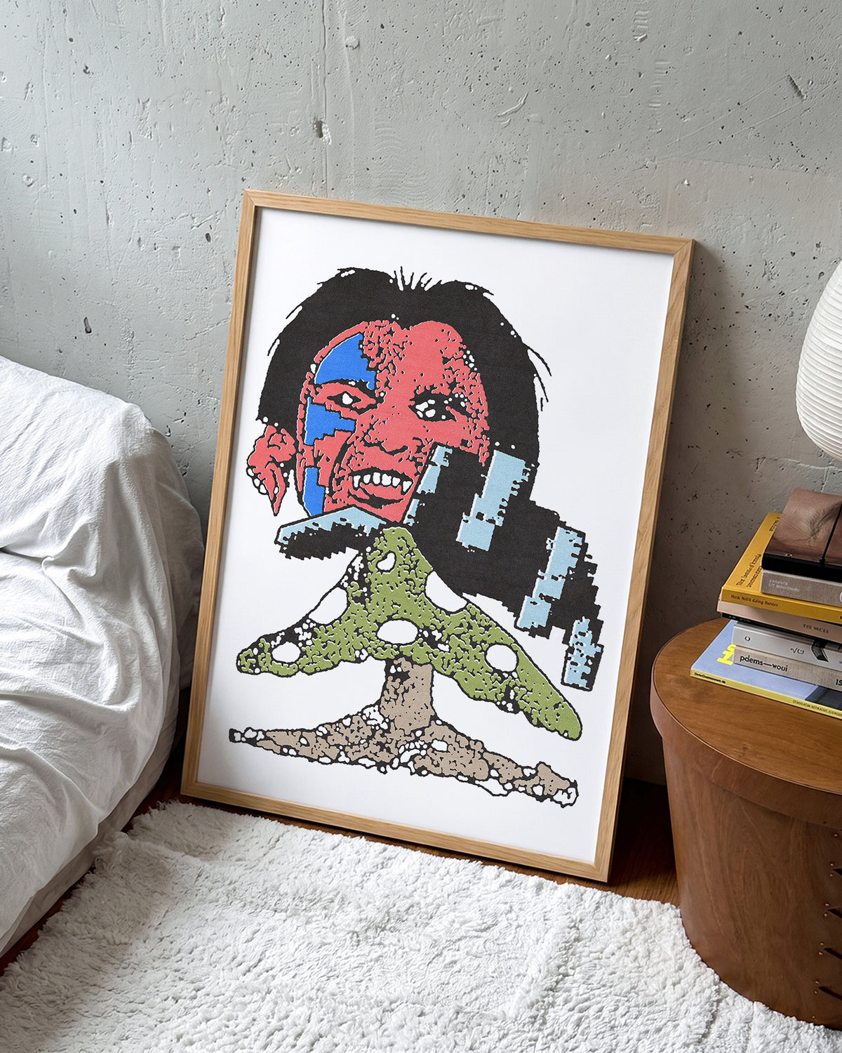 Bless obsessed psychedelic abstract art print in an oak frame on a wall