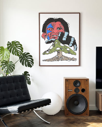 Bless obsessed psychedelic abstract art print in a walnut frame on a wall