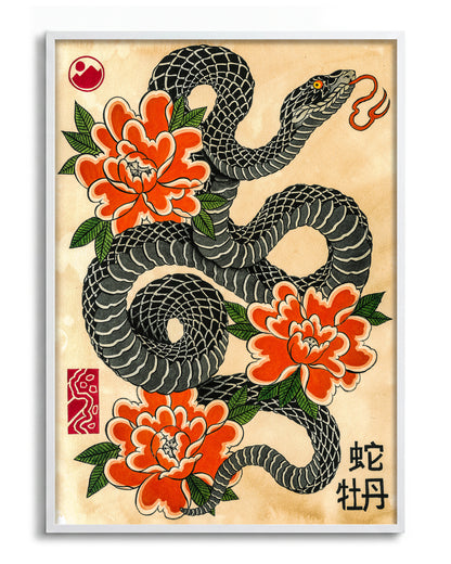 Snake & Peonies - no background framed - white