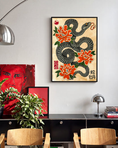 Snake & Peonies - room context black