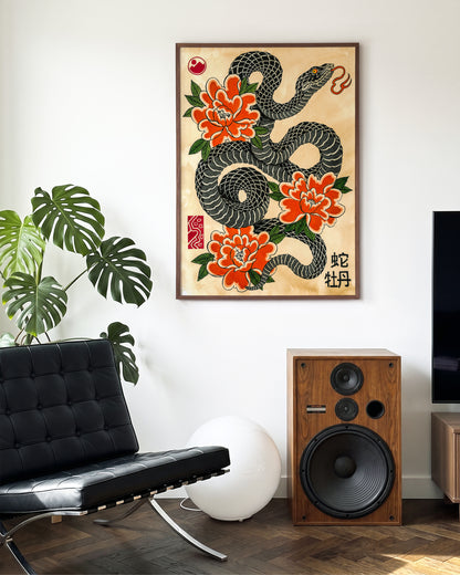 Snake & Peonies - room context walnut