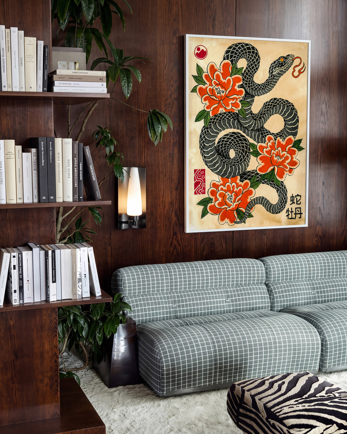 Snake & Peonies - room context white