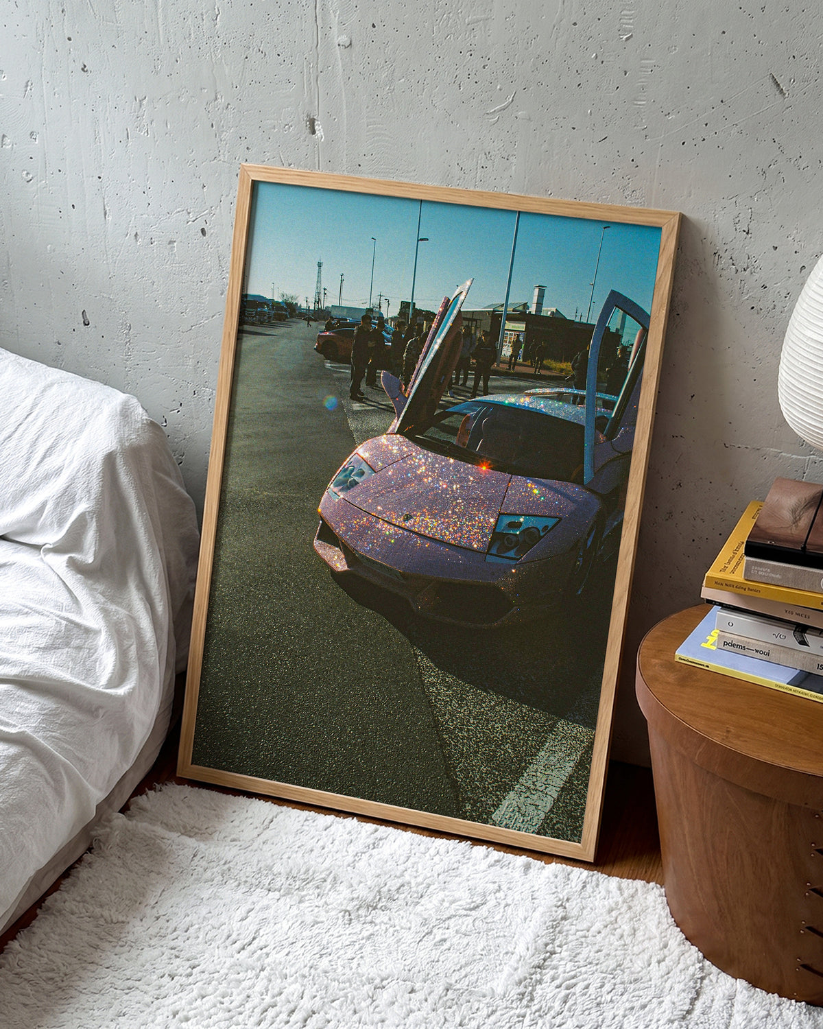 Lambo Daze Lamborghini car photography print in an oak frame on a wall