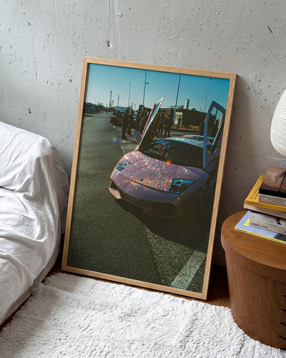 Lambo Daze Lamborghini car photography print in an oak frame on a wall