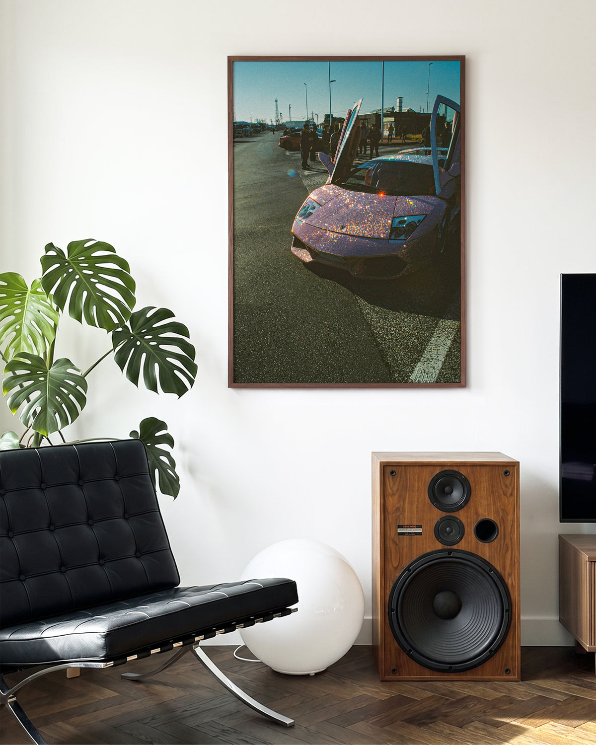 Lambo Daze Lamborghini car photography print in a walnut frame on a wall