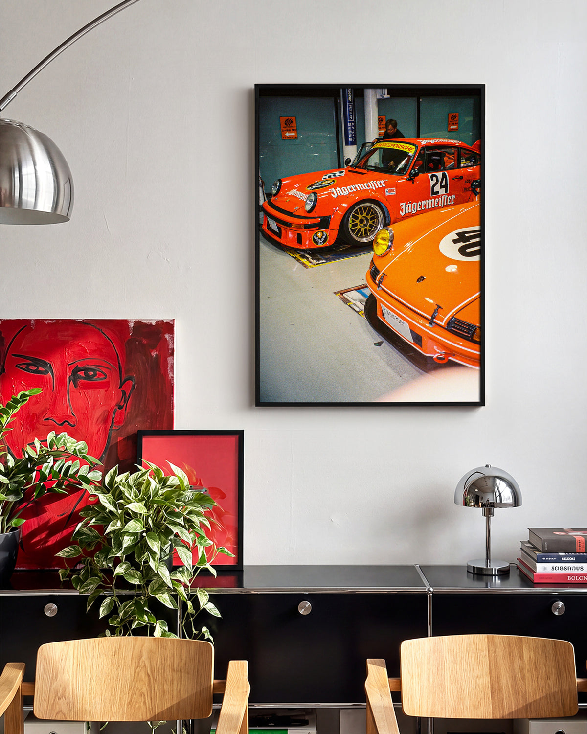 Anija retro motorsport photography print in a black frame on a wall