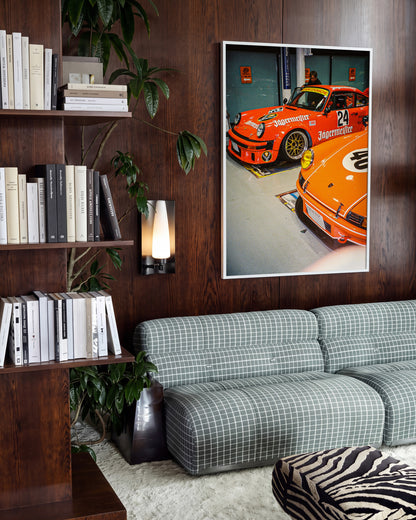 Anija retro motorsport photography print in a white frame on a wall