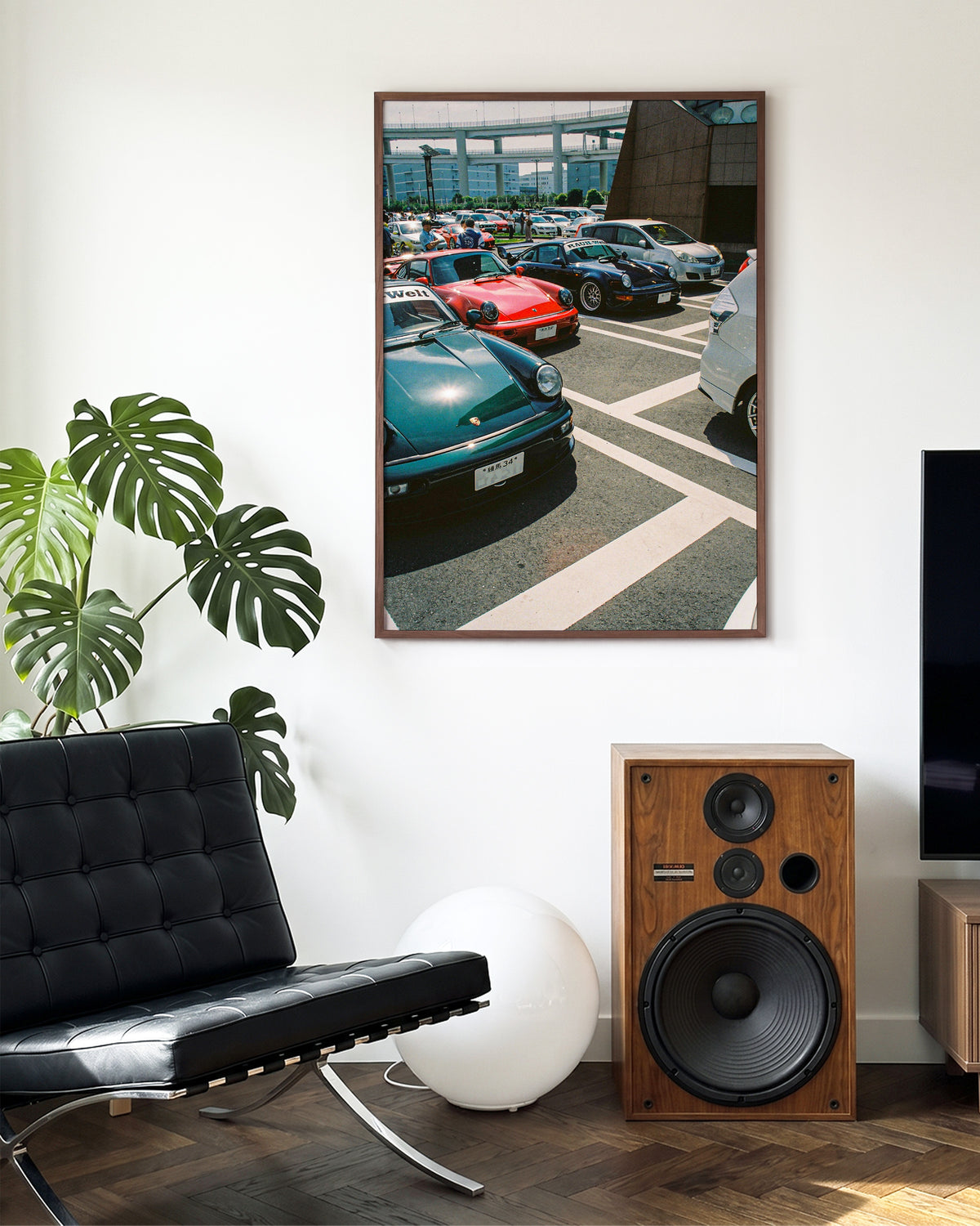 Andreezy 6 JDM street car photography print in a walnut frame on a wall