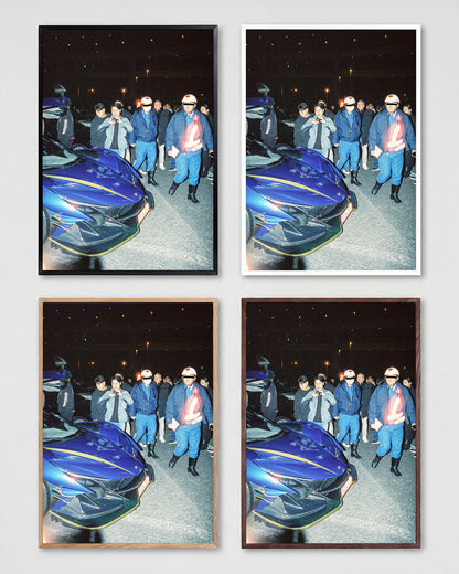 Blue Siren JDM car photography print shown in all frame colours