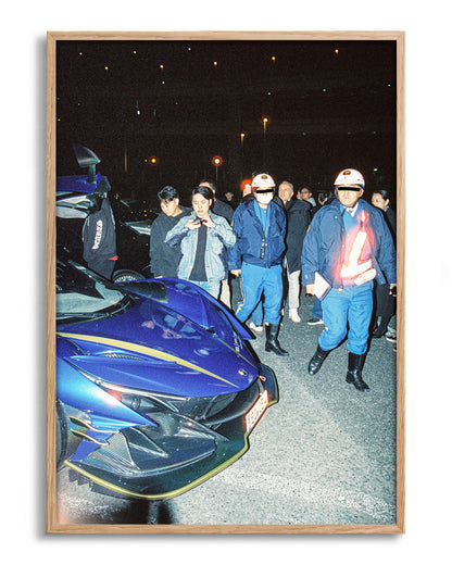 Blue Siren JDM car photography print in an oak frame