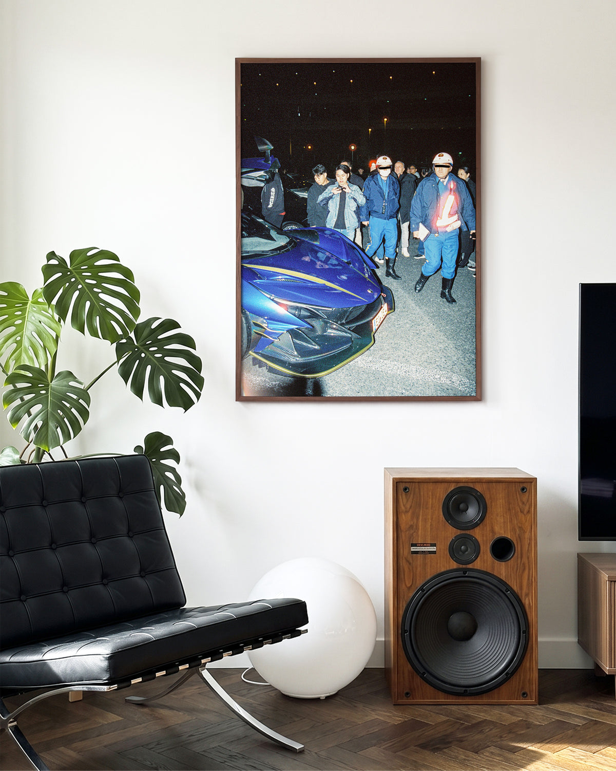 Blue Siren JDM car photography print in a walnut frame on a wall