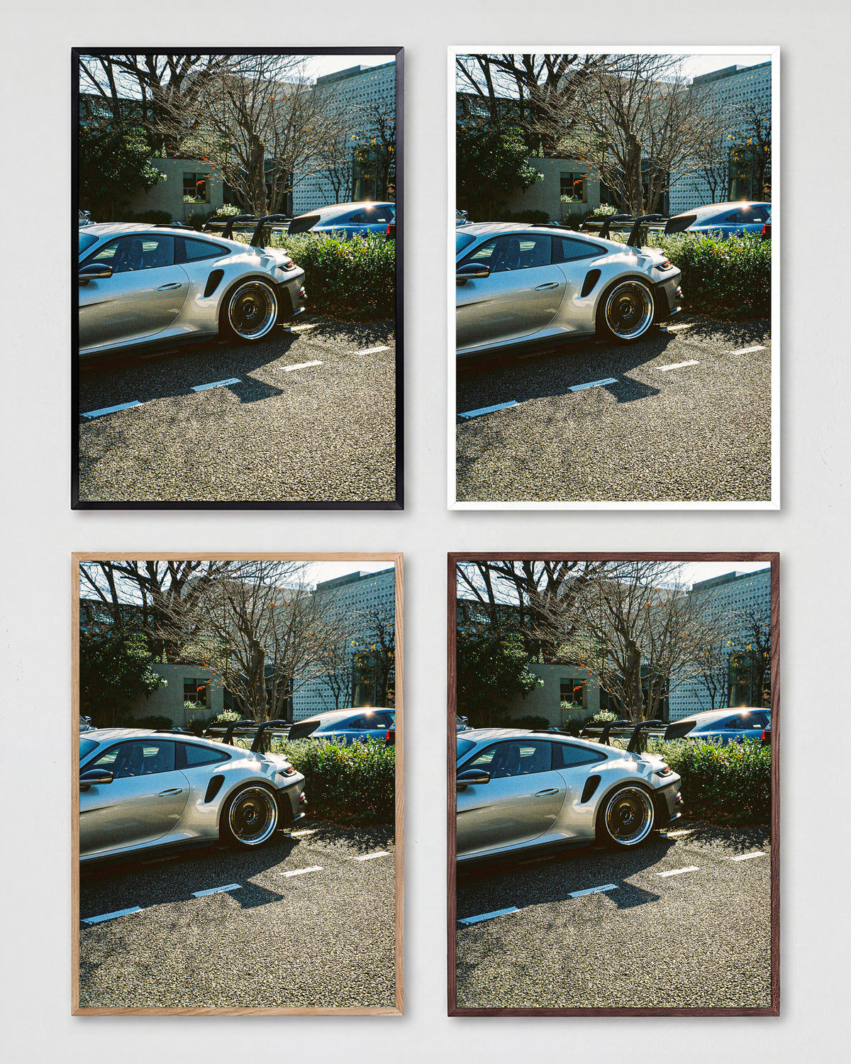 Andreezy 17 minimalist car photography print shown in all frame colours