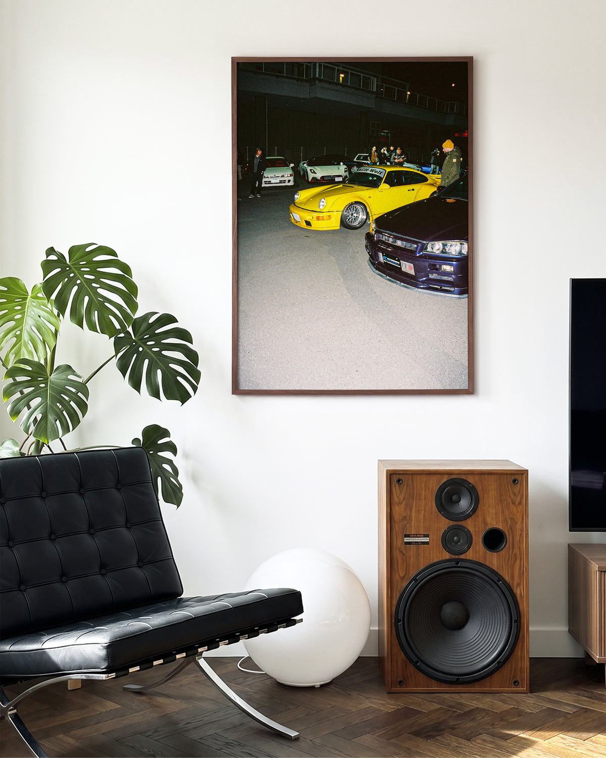 Andreezy 18 retro JDM car photography print in a walnut frame on a wall