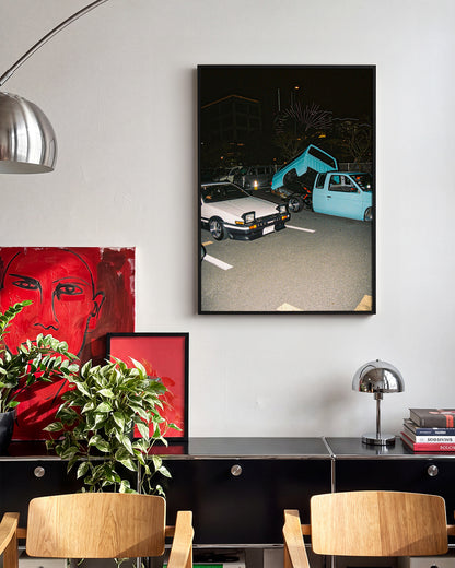 Andreezy 20 Japanese street car photography print in a black frame on a wall