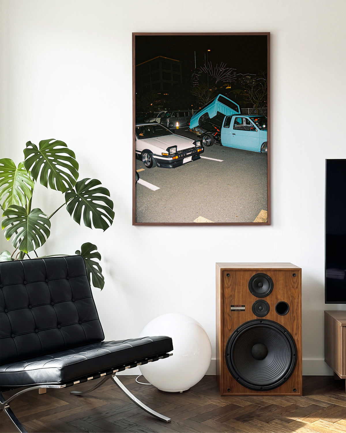 Andreezy 20 Japanese street car photography print in a walnut frame on a wall