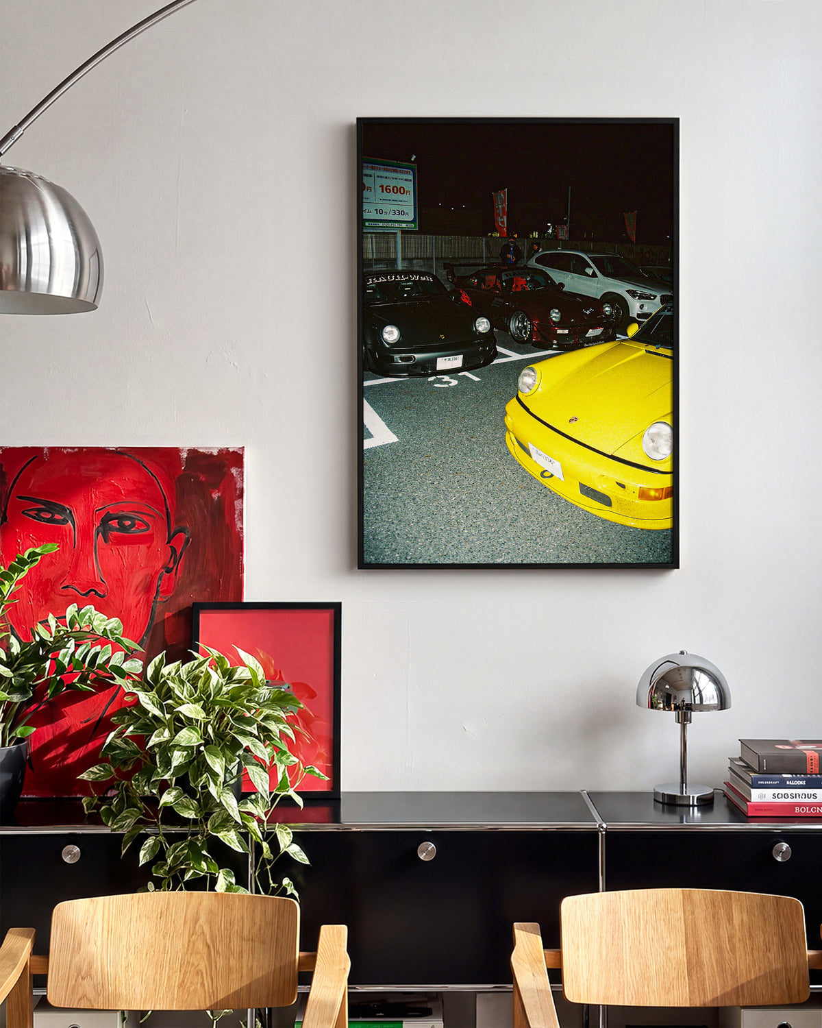 Andreezy 21 bold JDM car photography print in a black frame on a wall