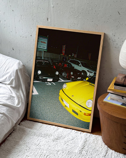 Andreezy 21 bold JDM car photography print in an oak frame on a wall