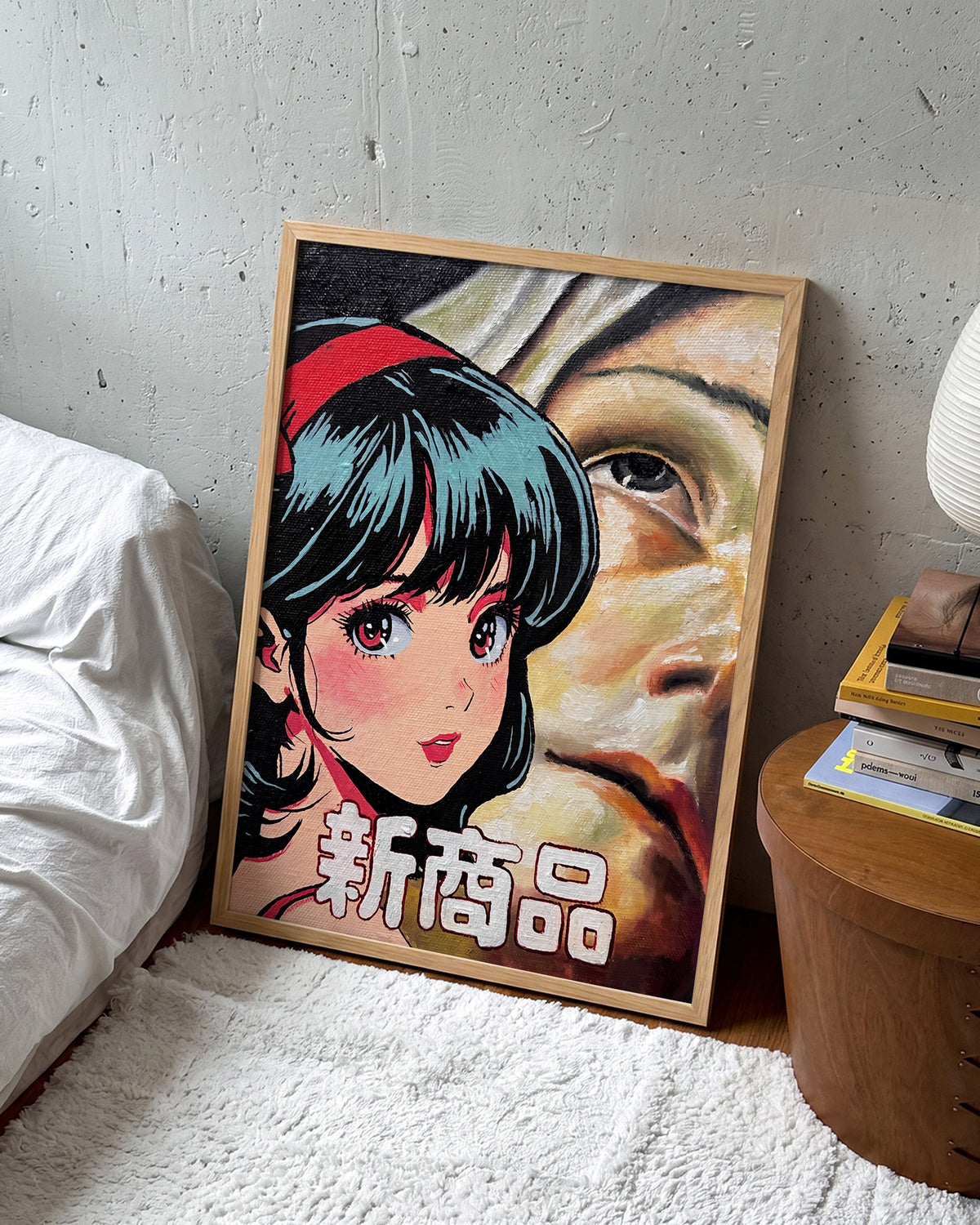 Cross Century Japanese pop art print in an oak frame on a wall