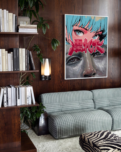 Double Take Japanese pop art collage print in a white frame on a wall