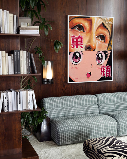 Eye Contact Japanese pop art collage print in a white frame on a wall