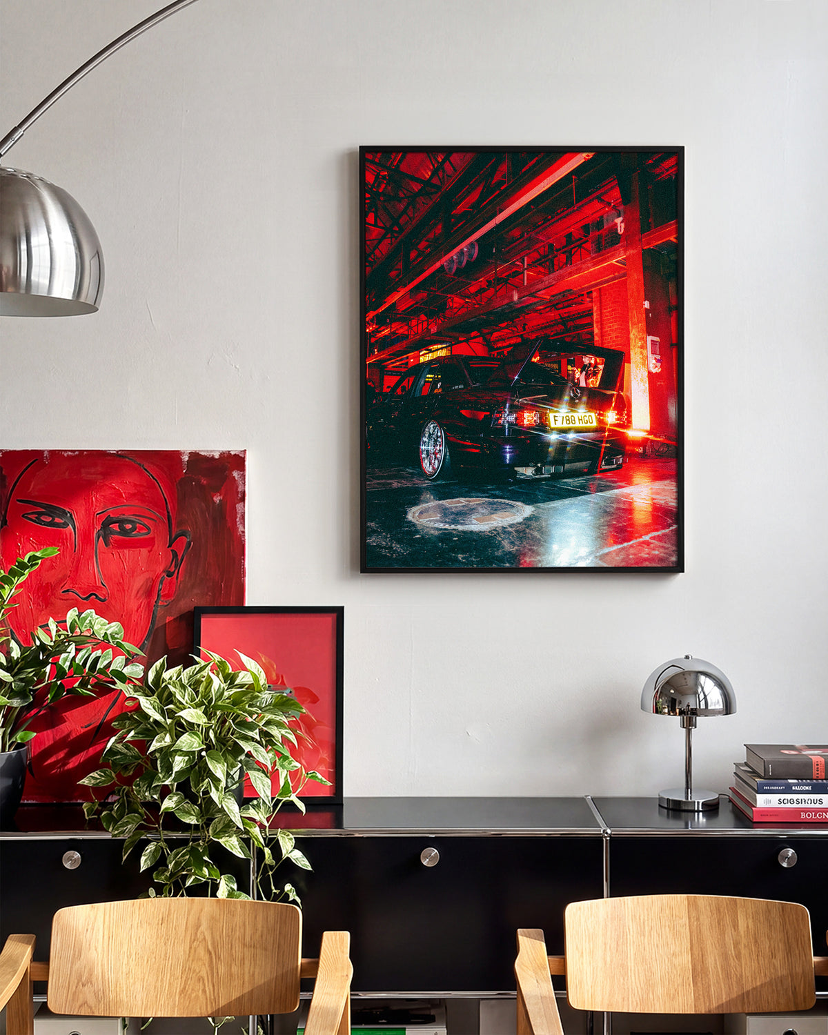 After Hours night car photography print in a black frame on a wall